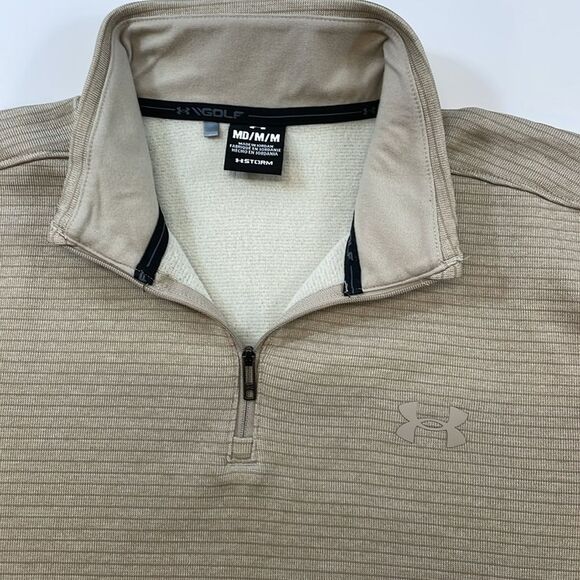 Under Armour Golf Men’s Quarter-Zip Beige Striped Performance Top Sz M - Picture 2 of 6